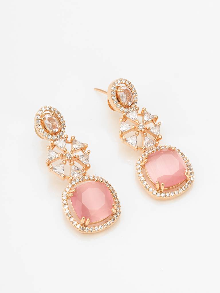 Reception Wear Rose Gold Pink And Green Pendant Necklace Set With Cushion Stone Drop And Geometric Earrings : NK4214