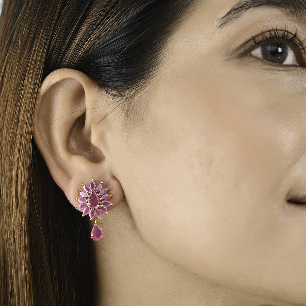 Sparkling Elegance Floral Teardrop Cut Zircons Adorned Gold Plated Drop Earrings : 8905124472325