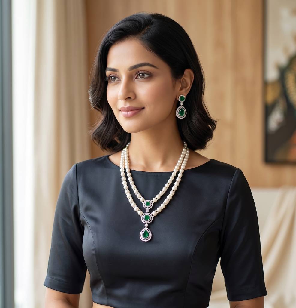 Double Strand Pearl Pendant Necklace Set : JPAPR-26-007