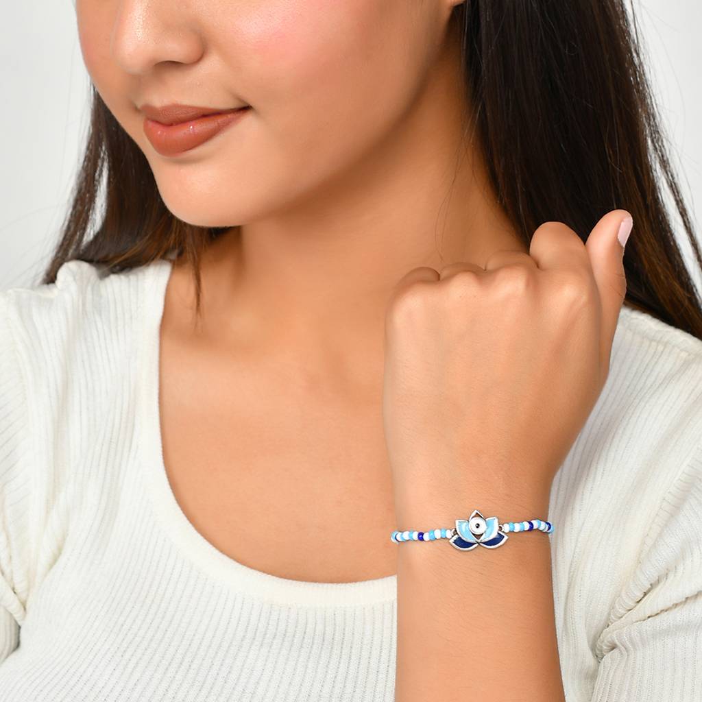 Evil Eye Lotus Shape Blue-White Beads Chain Bracelet : 8905124479270