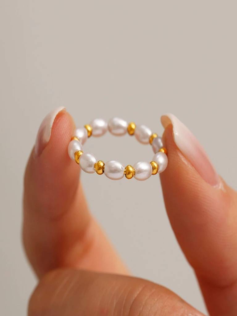 Pearl Bead Stacking Ring For Women Anti-Tarnish Waterproof 18K Gold Plated : ALL1125R025_4