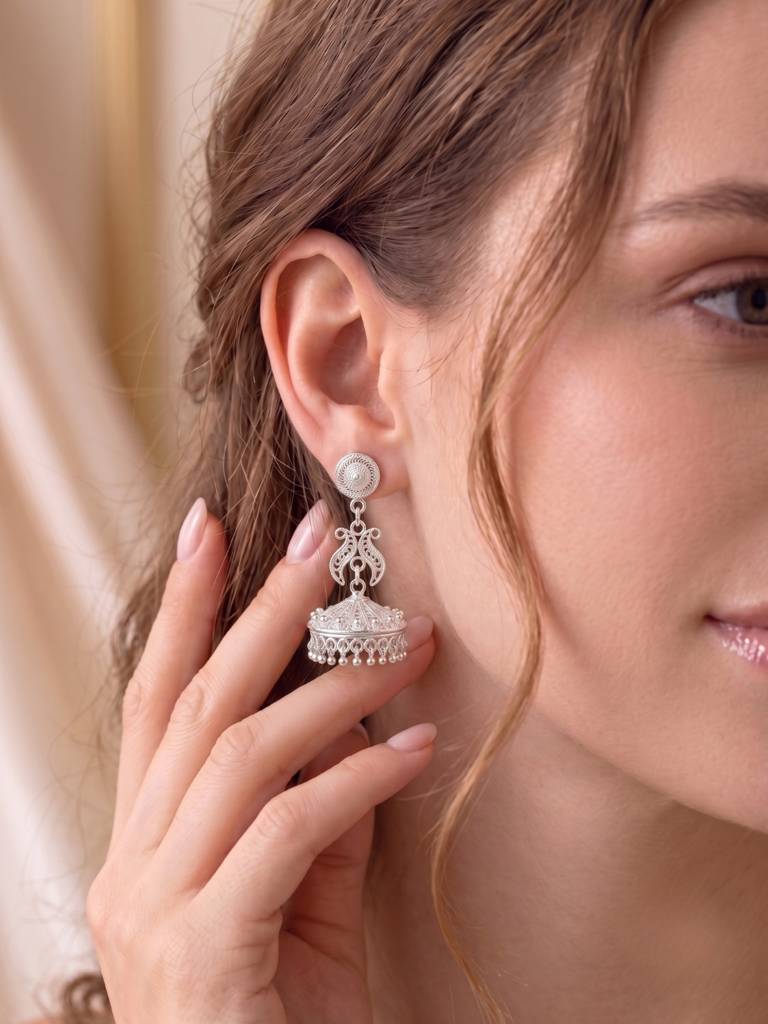 925 Silver Earrings Traditional Filigree Jhumka Earrings For Women : E-7