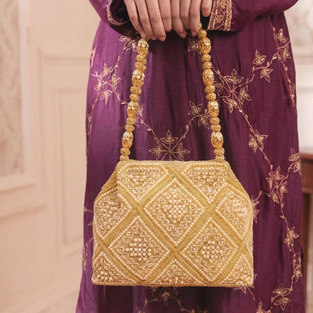 Golden Embellished Potli Bag Ethnic Trendy Wristlet Purse For Women & Girls : P218G
