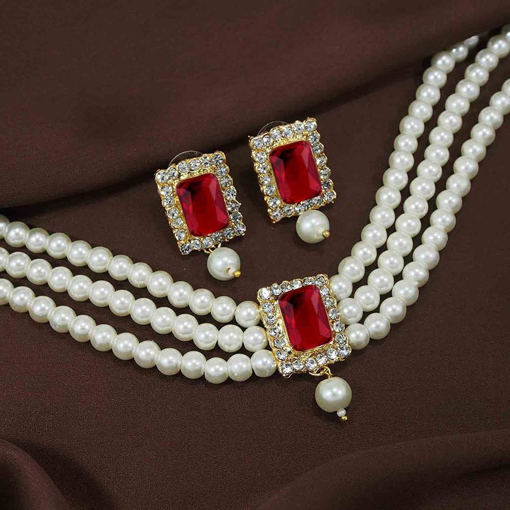 Peora Gold Plated Indian Traditional Crystal Pearl Beaded Choker Necklace Jewellery Set For Women : PF24N02M