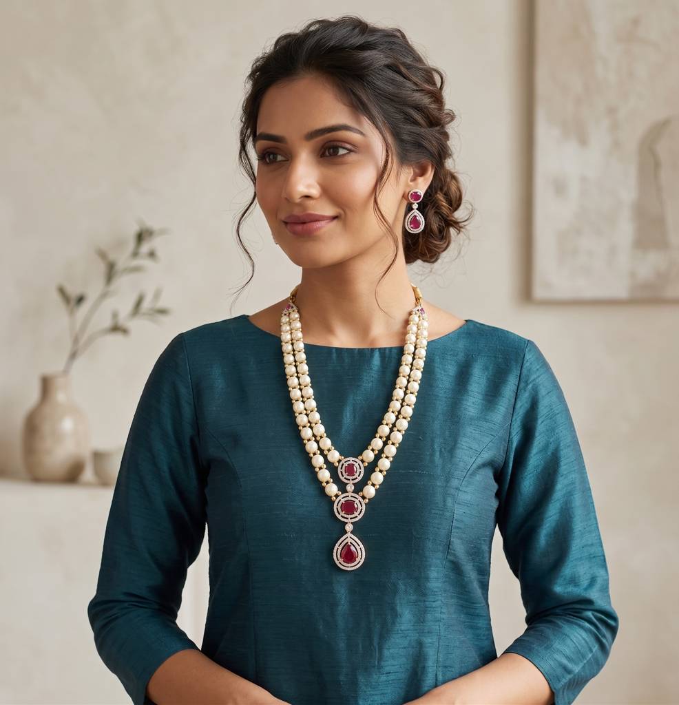 Double Strand Pearl Pendant Necklace Set : JPAPR-26-006