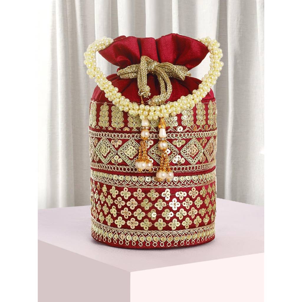 Zari Leaf Embellished Potli Bag For Women Fancy Ethnic Wristlet Purse Bag For Girls : P198M-F