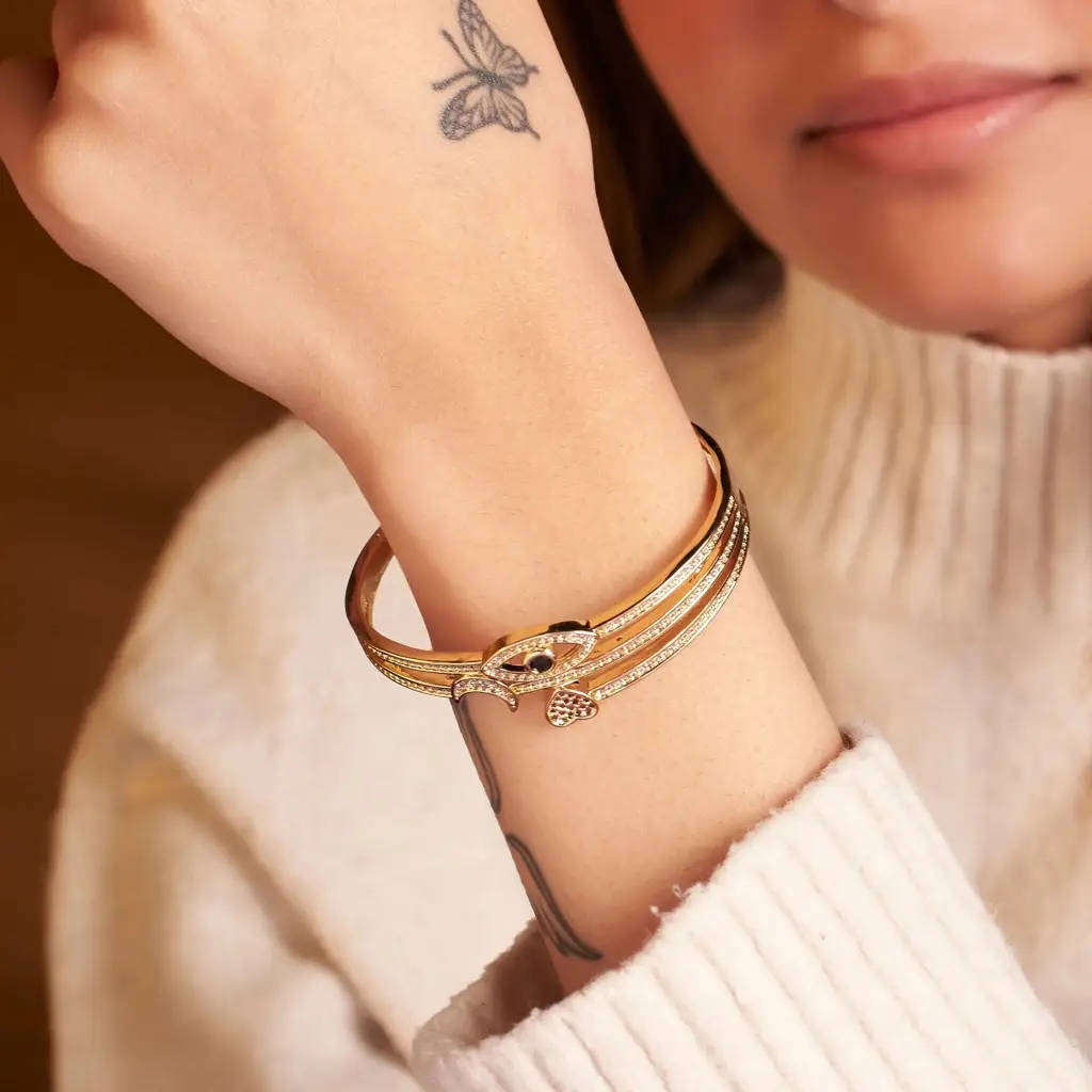 Celestial Love And Eye Charm Gold Cuff : BS12576