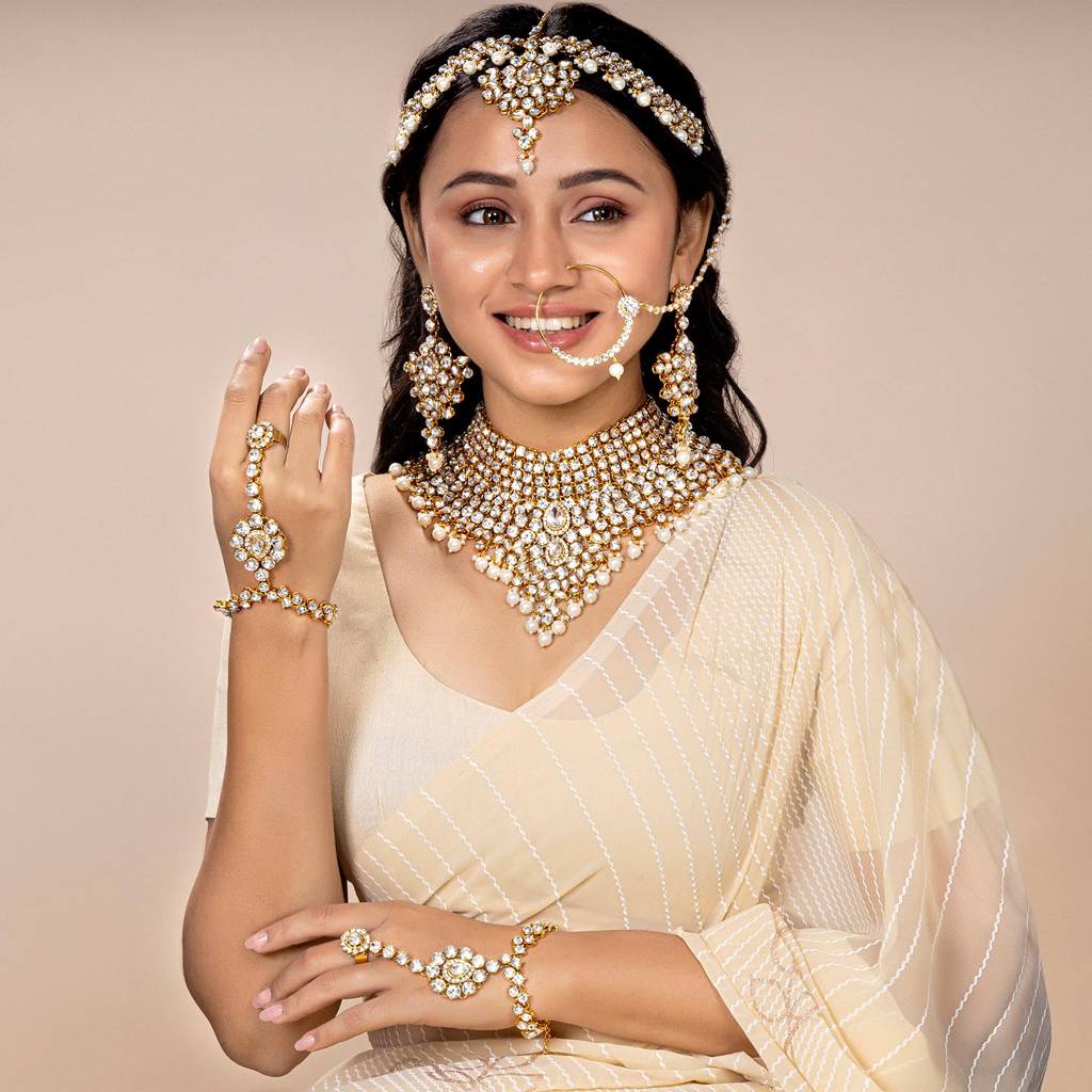 Combo Of Jodha Akbar Bridal Necklace Set With Adjustable Waist Belt Kamar Bandh Gift For Women : PF37BRBLP021W-PF37BCH016