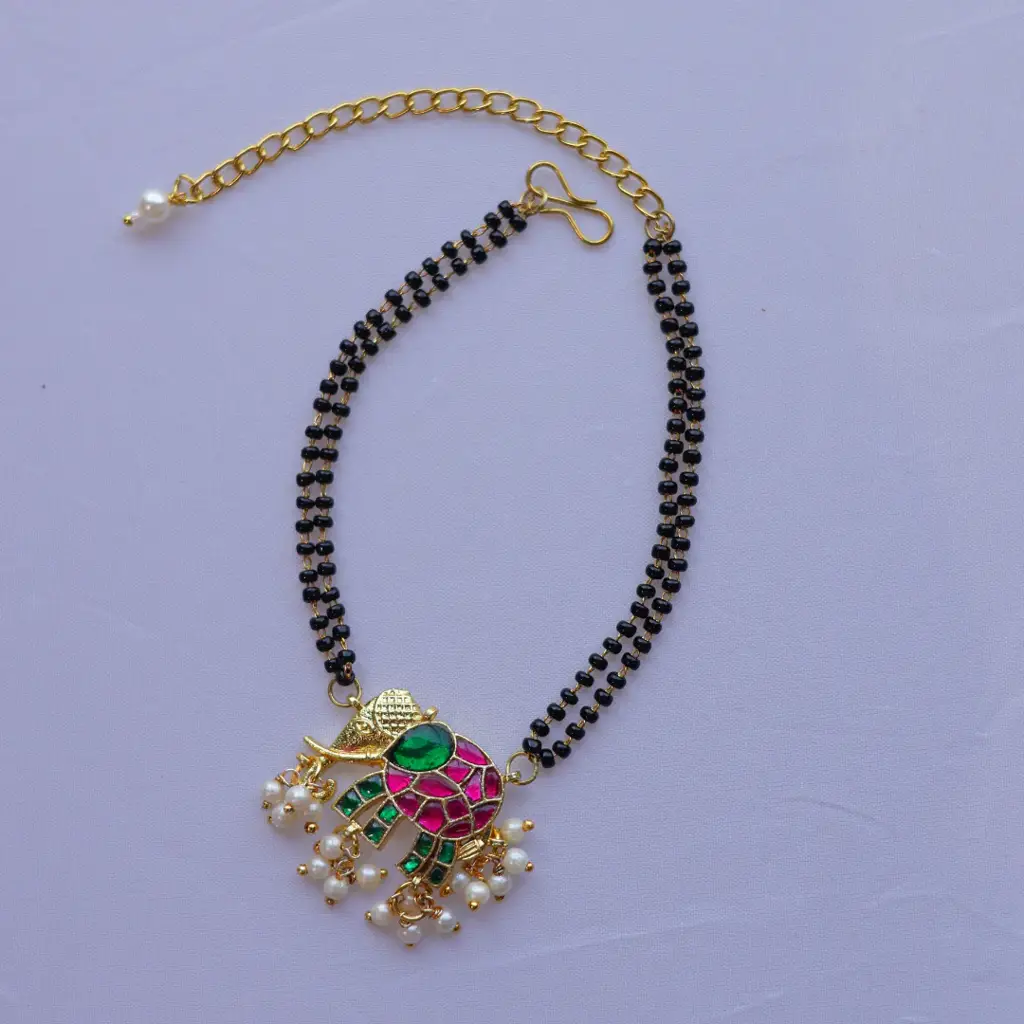 Handcrafted Double Layer Black Bead Hand Mangalsutra With Kundan & Meenakari Elephant Charm : MS-ELE-02