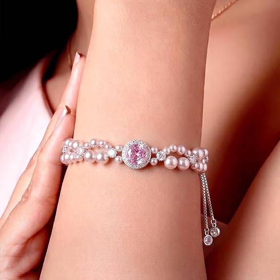 Pink White Silver Plated Charm Bracelet For Women Crystal & Pearl Studded Casual & Festive Wear Jewellery Gift For : PX9B249PK