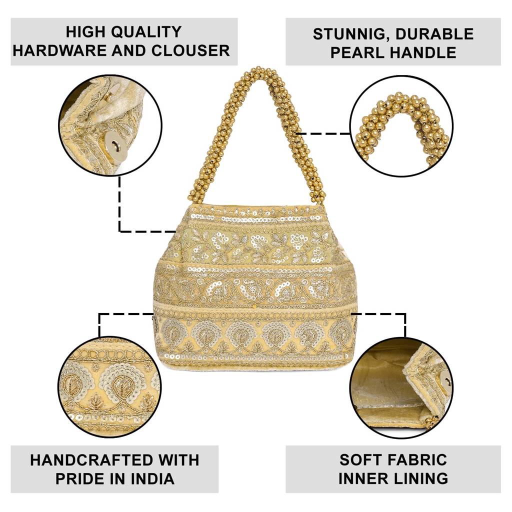 Golden Ethnic Embellished Potli Bag For Women Fancy Evening Wristlet Bridal Purse Bag For Girls : P95G-F-3