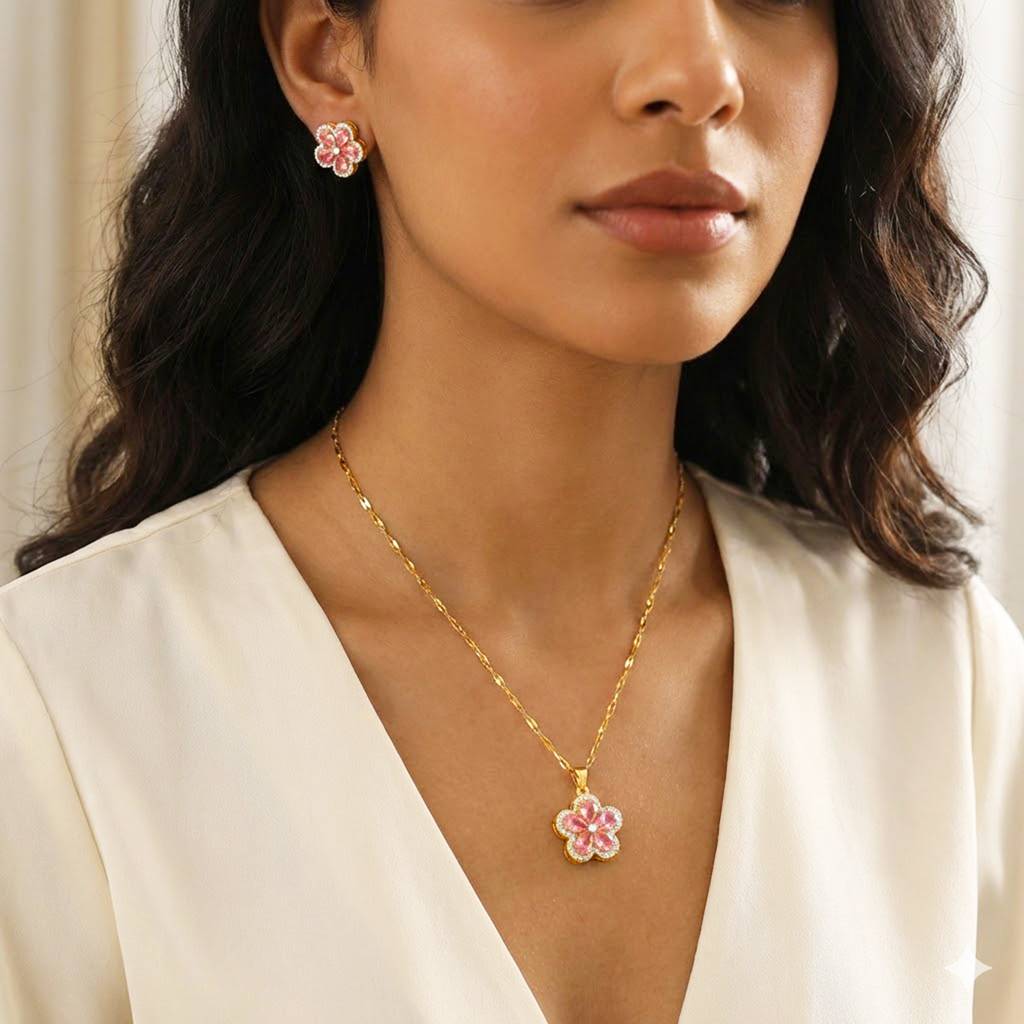 Pink Floral Pendant Chain Necklace Earrings Set For Women & Girls | Gold Plated | Crystals & Cubic Zirconia Studd : PX9PS64GPK
