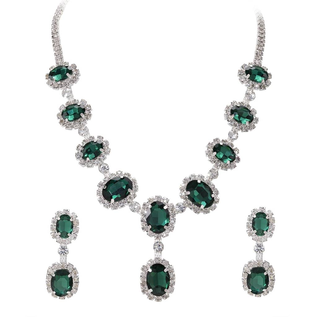 Silver Plated Green Stylish Necklace Earrings Set For Women & Girls : PX9N251GRN