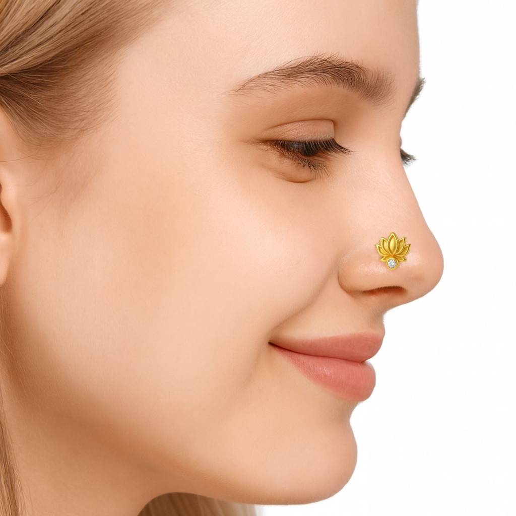White Cz Lotus Motif Nose Pin 925 Sterling Silver Gold Plated : NP-0005-N-1-snp-0019