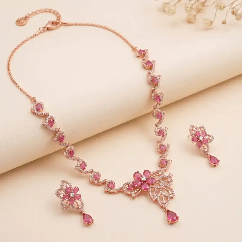 Cz Floral Statement Necklace Set | Grand Festive & Cocktail Jewellery : AD-937-RGRB-NKER