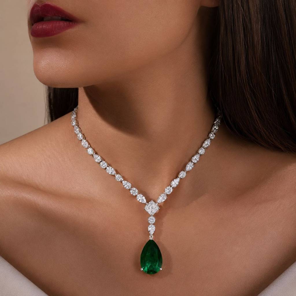 Anti Tarnish Green Emerald Drop Pendant Necklace Set With Earrings For Women | Emerald Green Cz Wedding, Party Wear : 500042_2
