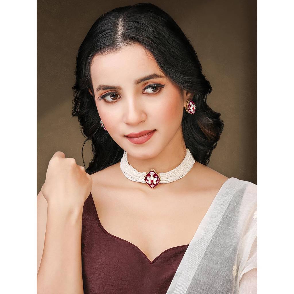 Gold Plated White Synthetic Stone & Beads Studded Meenakari Necklace Stud Earrings Jewellery Set For Women Girls : PF04NK2604RP