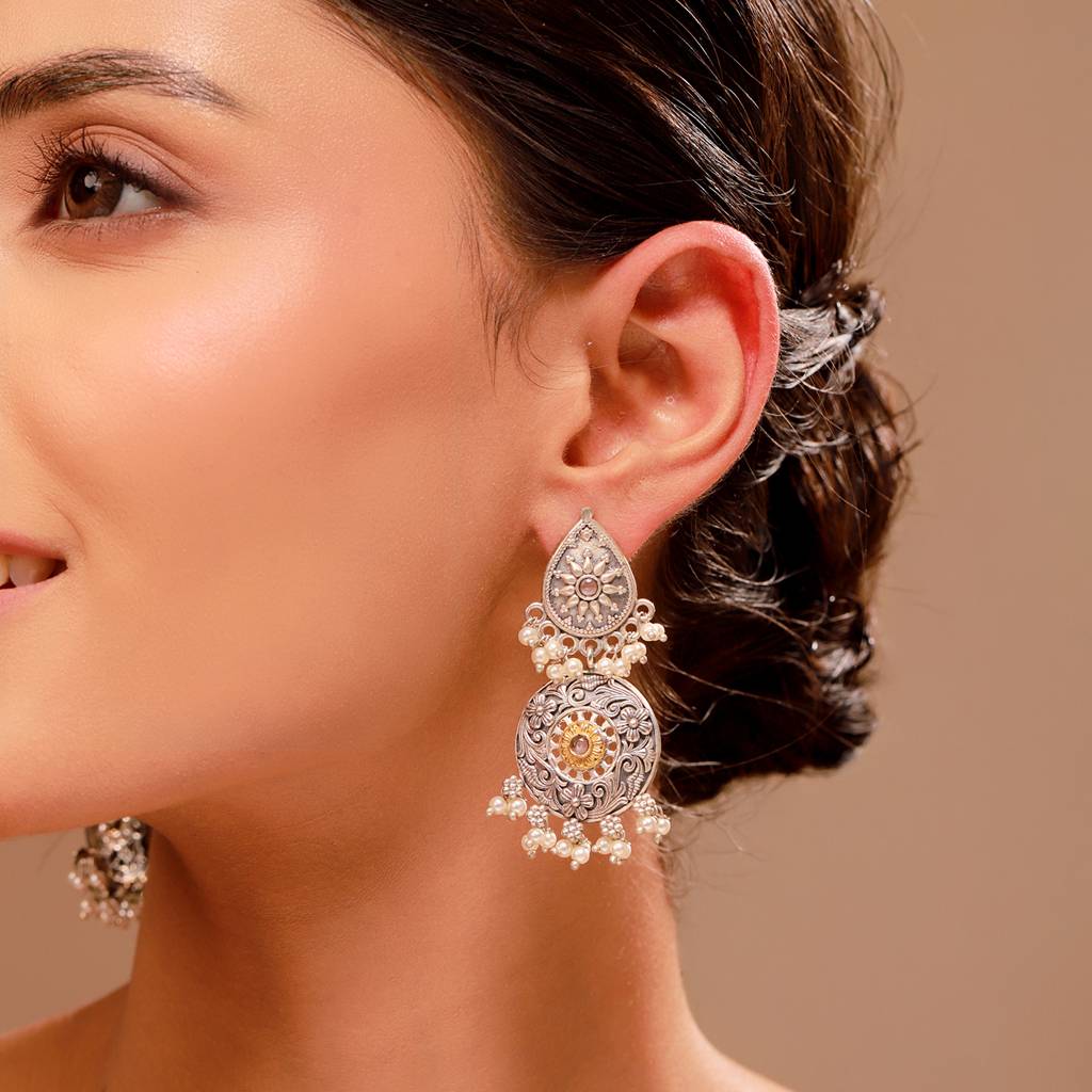 Silver Oxidised Pearl Beaded Dangler Earrings - Antique Elegance : 8905124582406