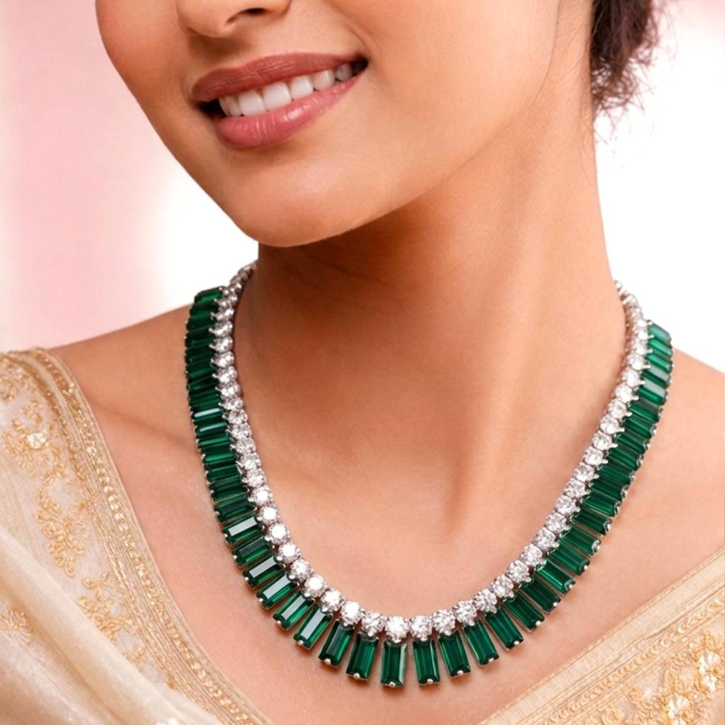 Elegant Silver Plated Classic Green Necklace For Women & Girls : PX9N233GRN
