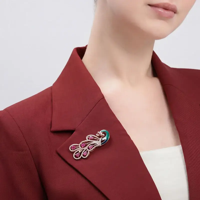 Cz Statement Peacock Feather Brooch Pin For Women |Wedding Wear : AD-005-RGRB-BROOCH