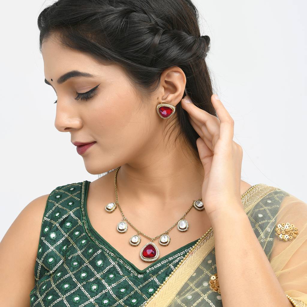 Hasli Regal Radiance Red Kundan Embellished Golden Necklace Set : 8905124535501