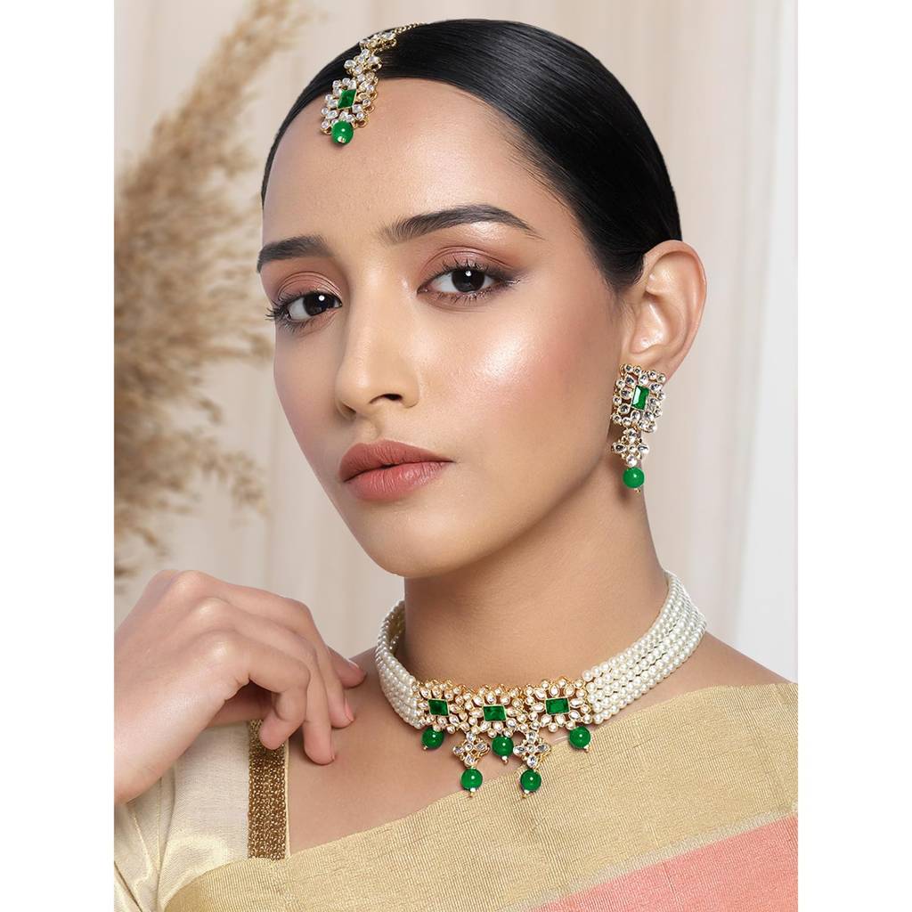Gold Plated Pearl Beaded Adjustable Choker Necklace With Earring Maang Tikka Jewellery Set For Women : PF37N224WG
