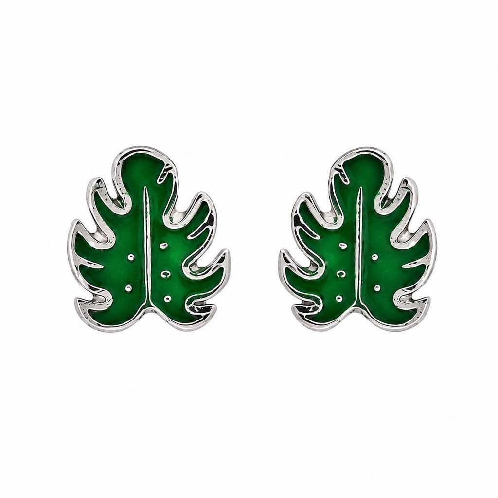 925 Sterling Silver Green Monstera Leaf Earrings : SE_001144