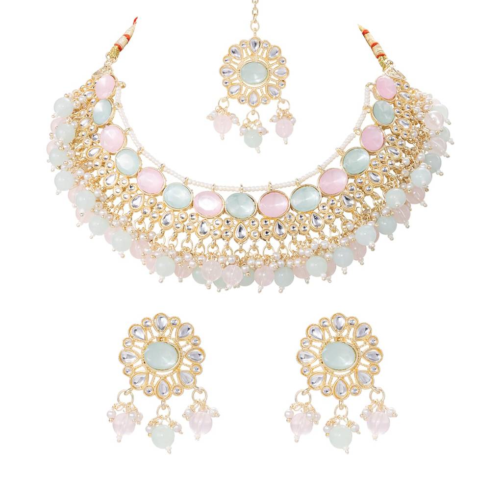 Pink Mint Crystals Studded Necklace Earrings Maangtikka Set For Women | Festive & Bridal Jewellery, Anniver : PF04NK11171PKMNT