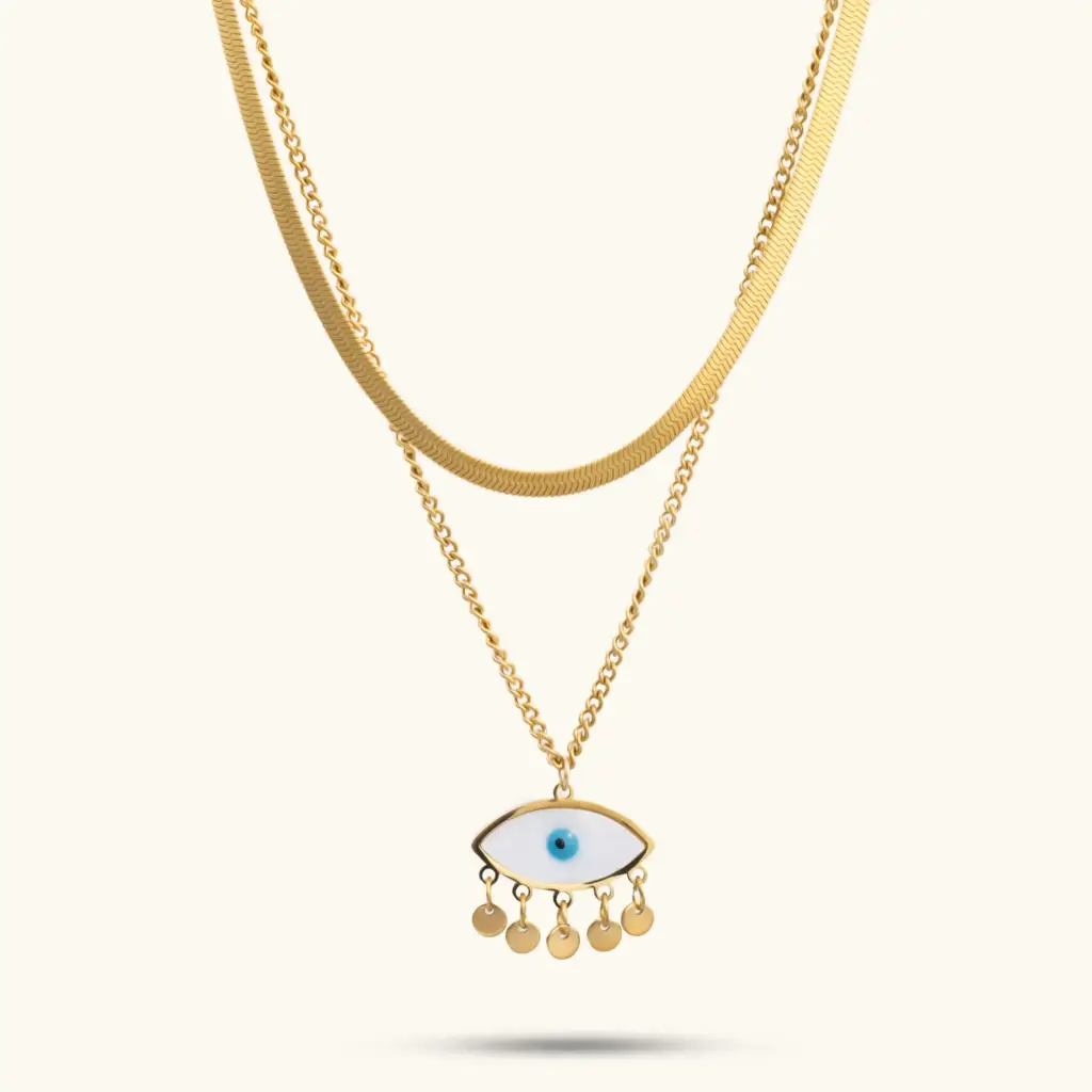 Evil Eye Herringbone Multilayer Necklace - 18K Gold Plated : PDMXJ015