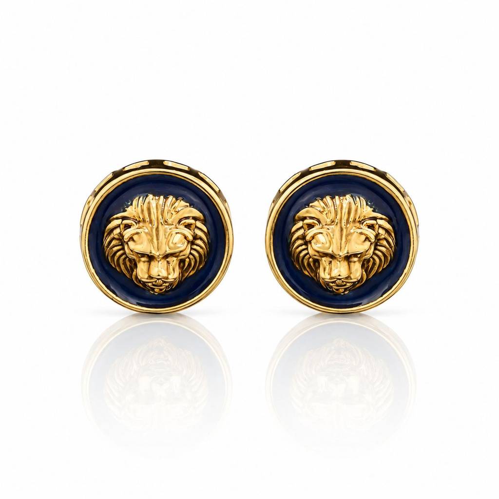Navy Blue Enamel Gold Finish Lion Face Men'S Cufflink Pair : 700001_2
