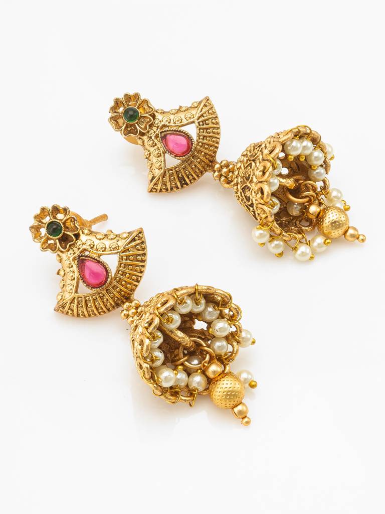 Wedding Wear Antique Gold Temple Long Necklace Set With Beads, Stones And Jhumka Earrings : NK4097
