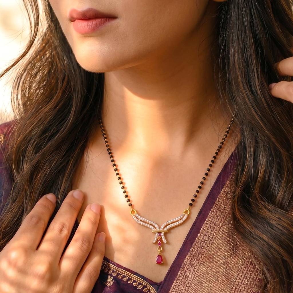 Gold Plated Rani Pink Cz Studded Stylish Mangalsutra For Women | Festive & Bridal Jewellery, Anniversary Birthda : PF04MS20RPW
