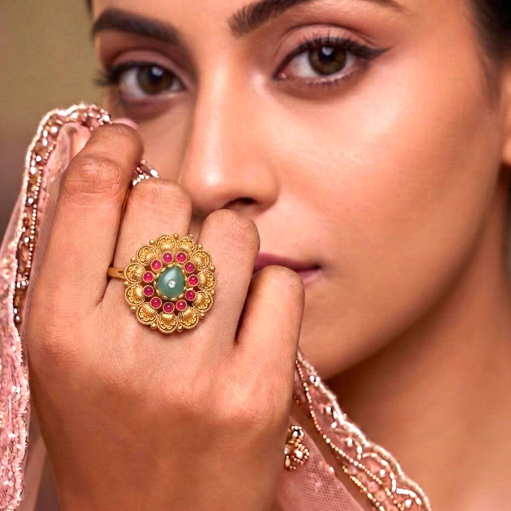 Gold Plated Rani Pink Green Ethnic Adjustable Finger Ring For Women : PF04R07RPG