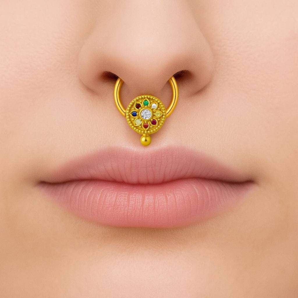 Navratna Floral Mandala Multi Gemstone Septum Nose Pin 925 Sterling Silver Gold Plated : 0008-NP-snp-0060