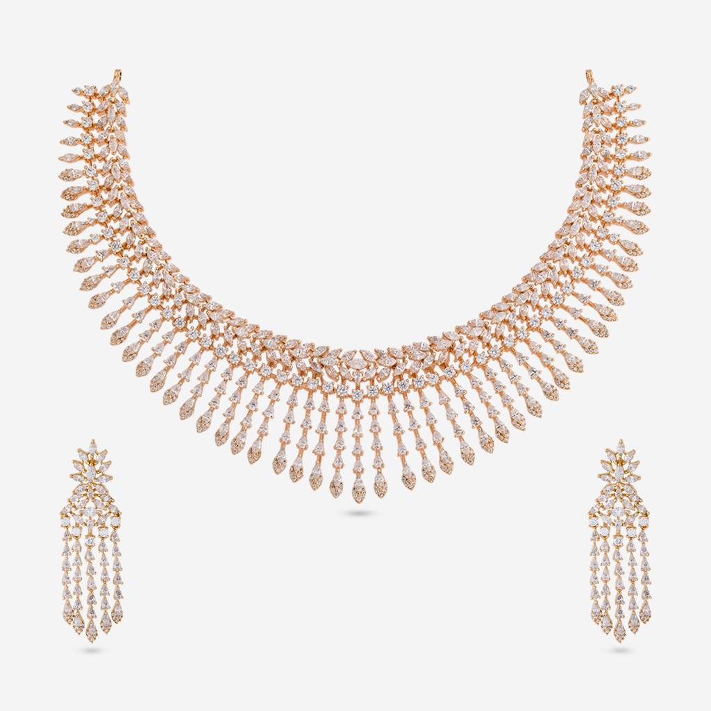 White Gold-Rose - Plated Party Wear Zircon Necklace - 470890 : 470890