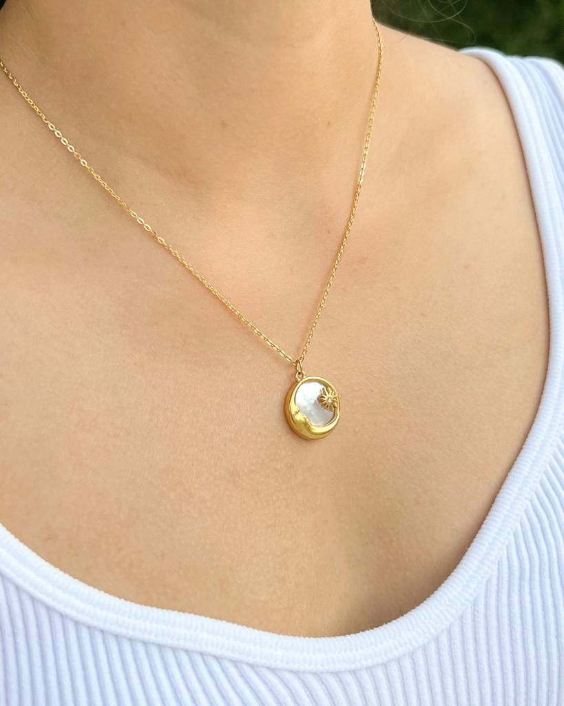 18K Gold Plated Moon And Star Necklace With Mother Of Pearl, Sarah : N37