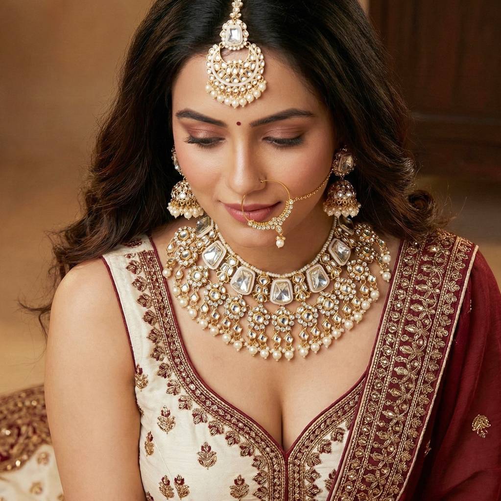 18 Kt Gold Plated Bridal & Semi-Bridal Necklace Set With Earrings, Maang Tikka & Nath : 2476-M8SK-1101-W