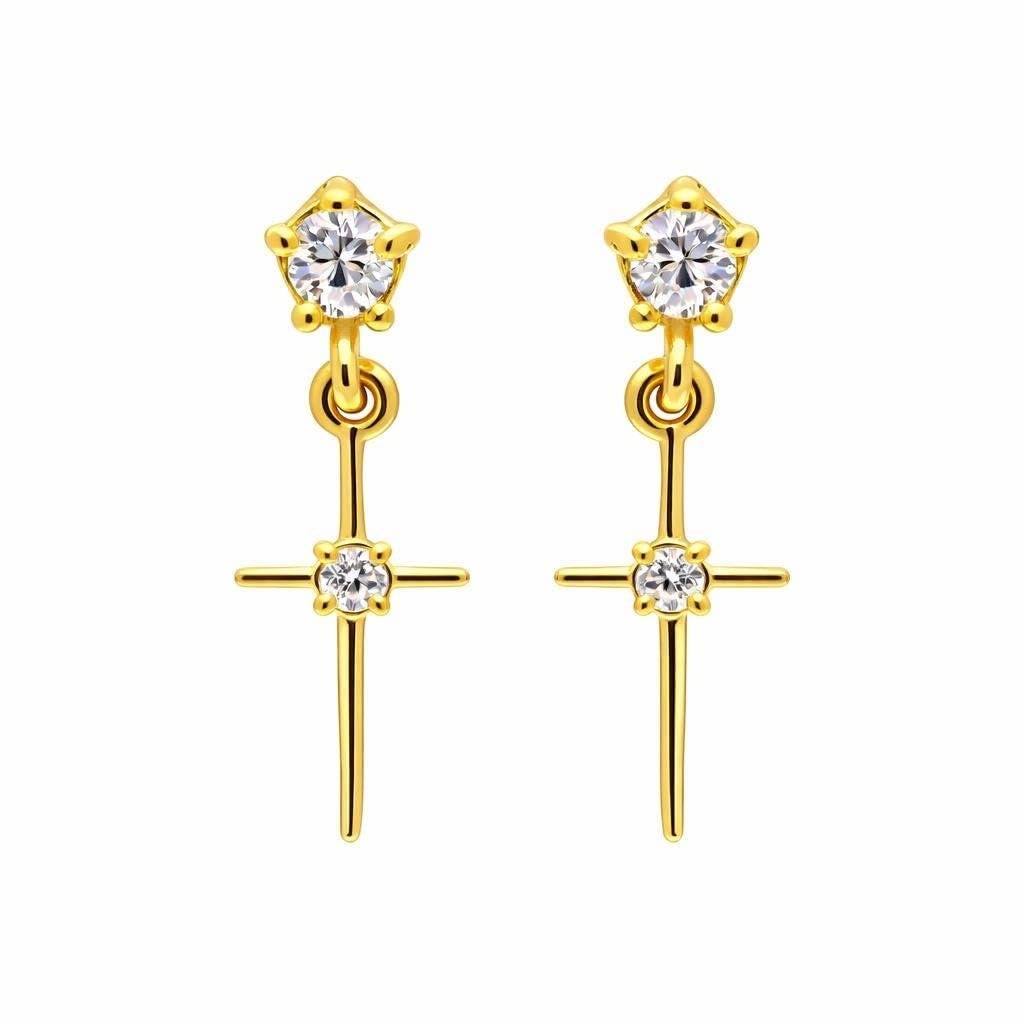 925 Silver Cross Cz Drop Earrings Gold Finish Religious : SE_001001
