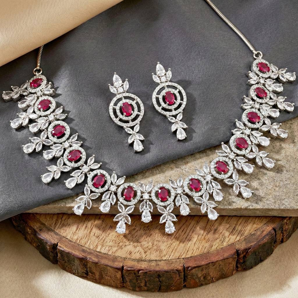 Silver-Tone American Diamond Necklace Set With Earrings For Women – Office, Party & Wedding Wear : 1717-K4SA-2242-R-S