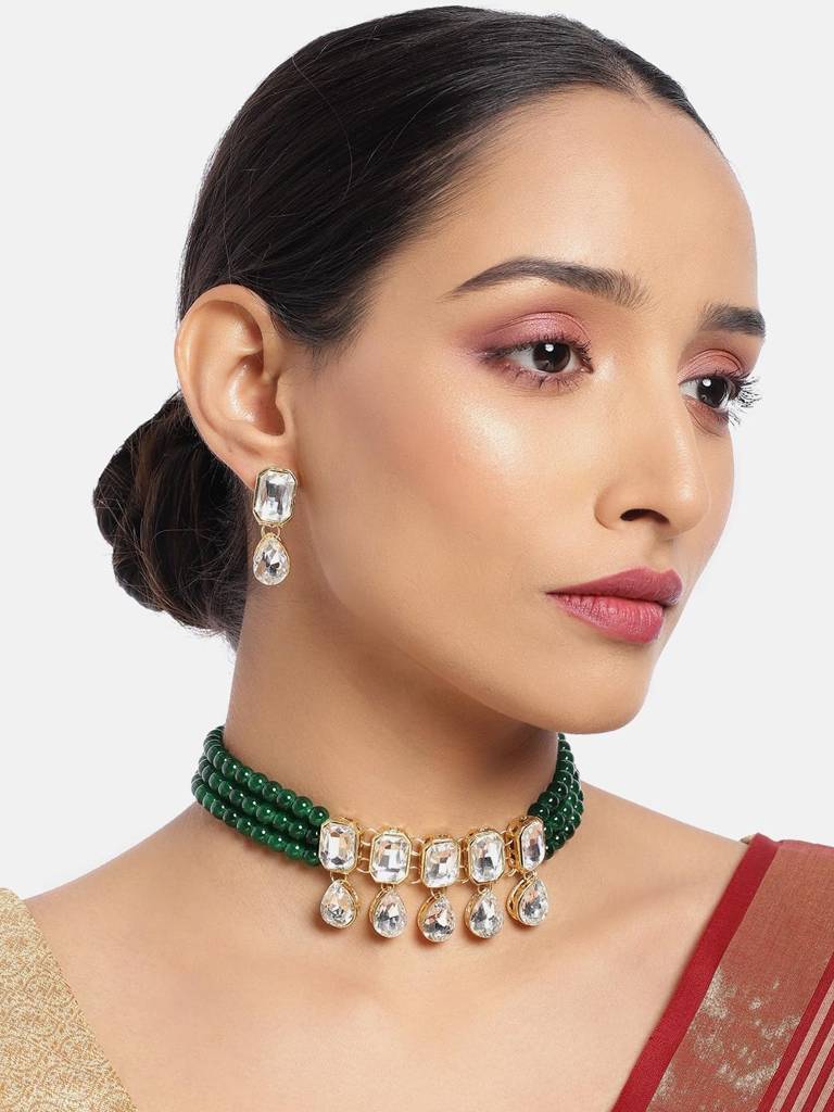 Crystal Pearl Traditional Ethnic Bridal Choker Necklace With Earrings Jewellery Set For Women Girls : PF24N2905G