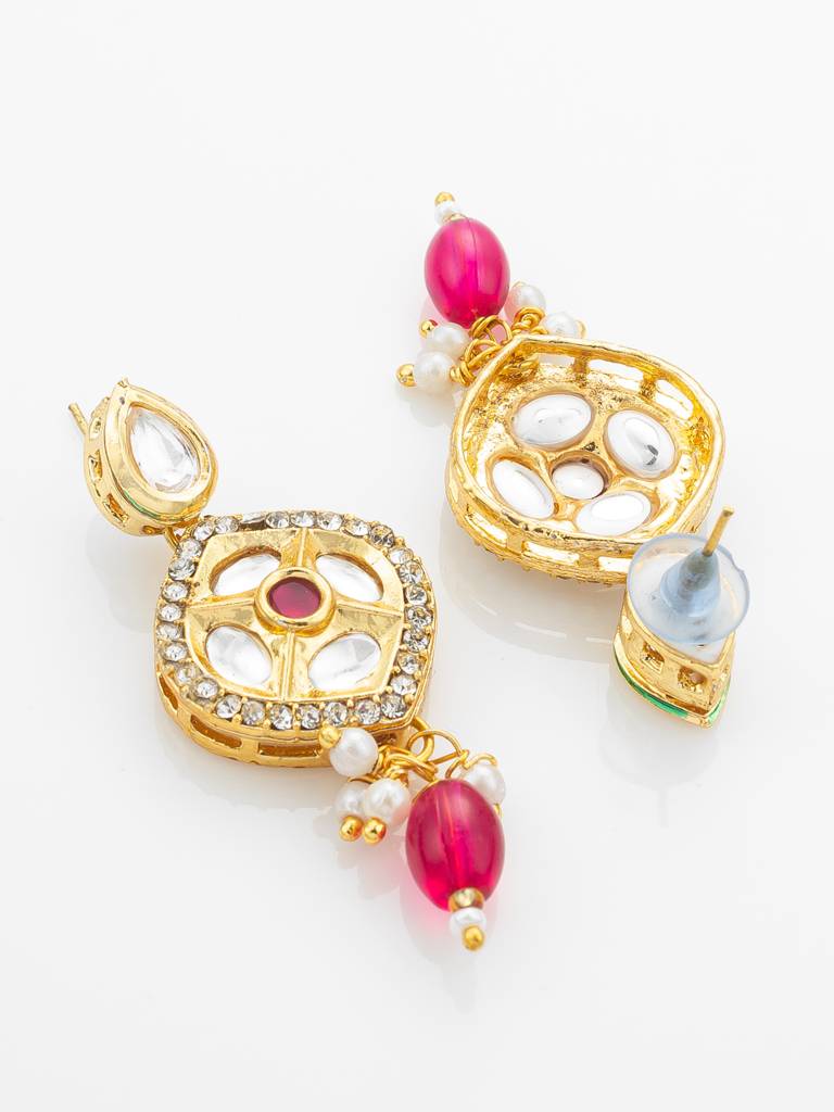 Gold-Plated Kundan Long Necklace Set With Beads And Floral Meenakari Pendant And Earrings : NK4918