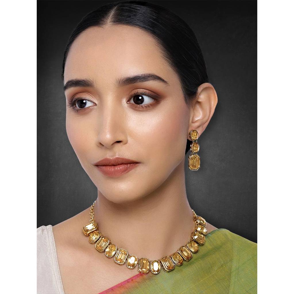 Wedding Square Crystal Necklace With Drop Earrings Indian Traditional Ethnic Jewellery Set For Women Girls (Ch : PF24N10098LCT