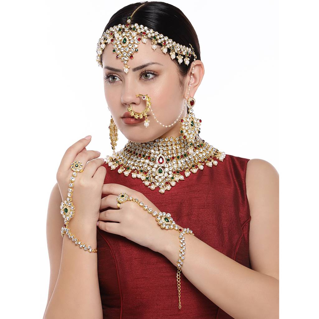 Peora American Diamond Studded Jodha Akbar Bridal Choker Necklace Traditional Jewellery Set Gift For Women Gi : PF37BRBLP021MG