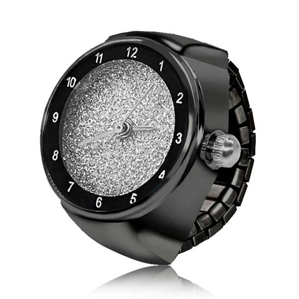 Stainless Steel Black Analog Watch Style Strechable Finger Ring Fancy Jewellery For Girls Women (Free Size) : PX9RW09BL
