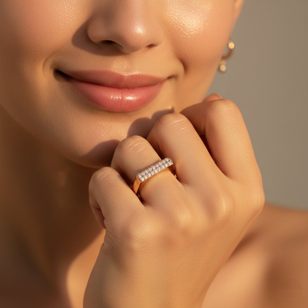 18K Gold Plated 925 Sterling Silver Pavé Bar Signet Ring – Minimalist Rectangular Statement Ring For Women : R129G