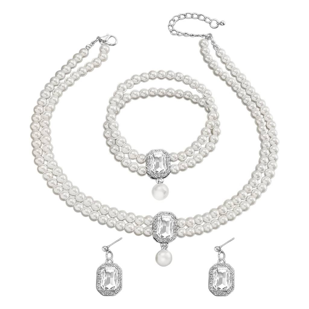 Silver Plated Pearl & Crystal Studded Necklace Earrings Bracelet Set Contemporary Jewellery For Women : PX9N249W