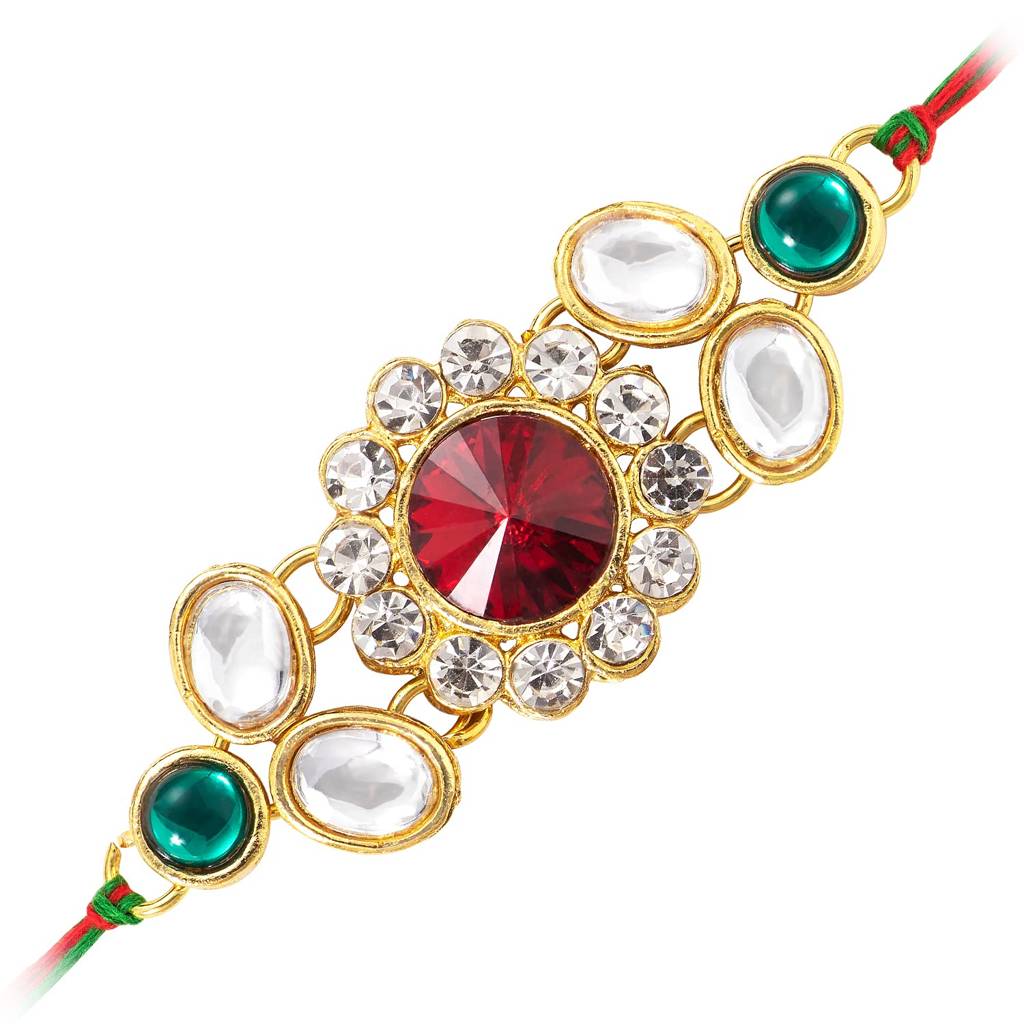 Rakhshabandhan Thread Elegant Rakhi For Brother Bhaiya | Gold Plated | Redgreen Crystal & Kundan Studded | Rakhi Ham : R26S034