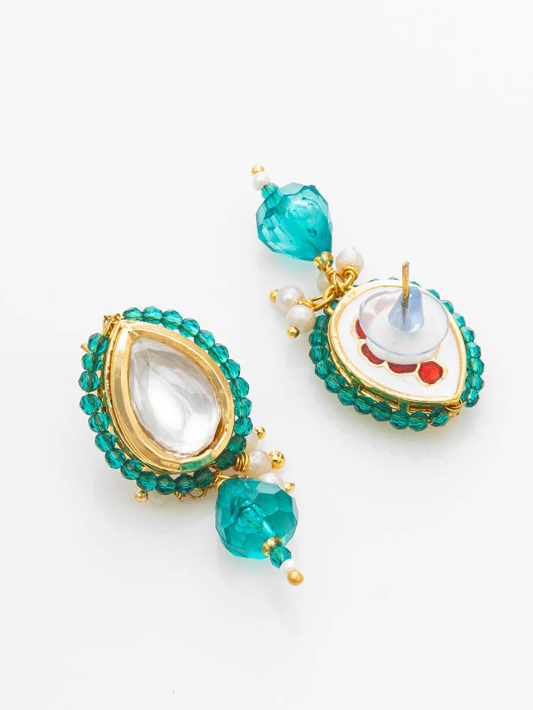 Gold Plated Kundan Teal Beaded Necklace Set With Earrings For Women : NK4722