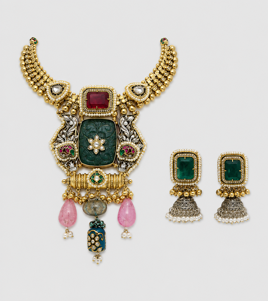 Green Carved Stone Statement Necklace Set With Designer Earrings : VN1163