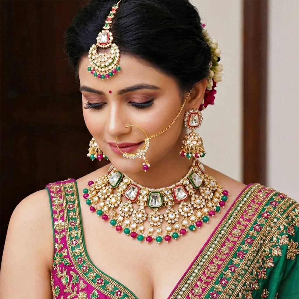 18 Kt Gold Plated Bridal & Semi-Bridal Necklace Set With Earrings, Maang Tikka & Nath : 2476-M8SK-1101-RG